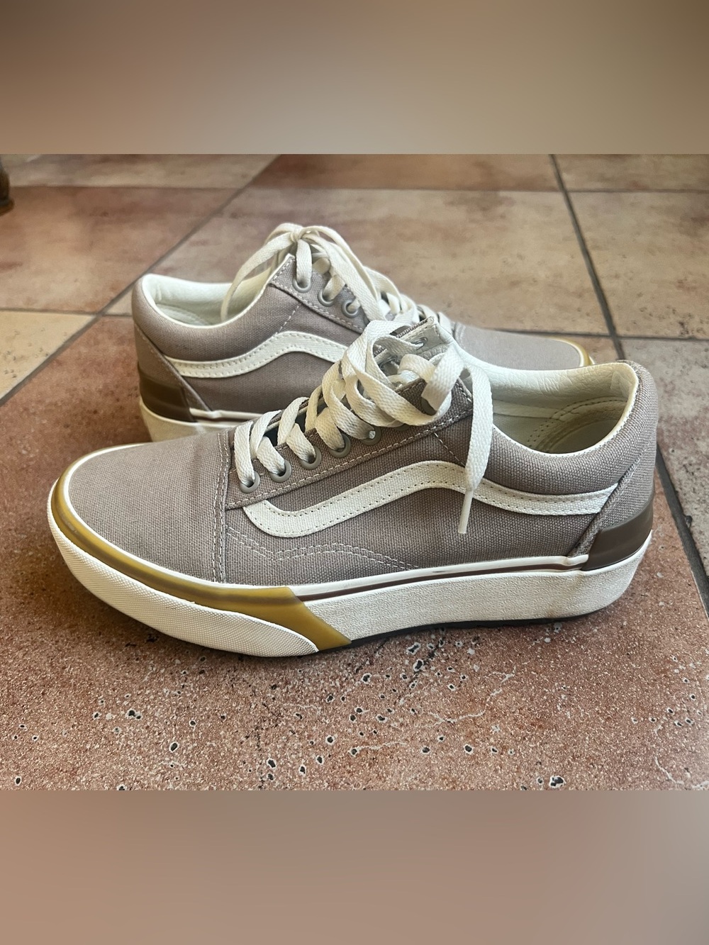 Vans Low-Top Canvas Sneakers in Taupe and White with Gold Accent